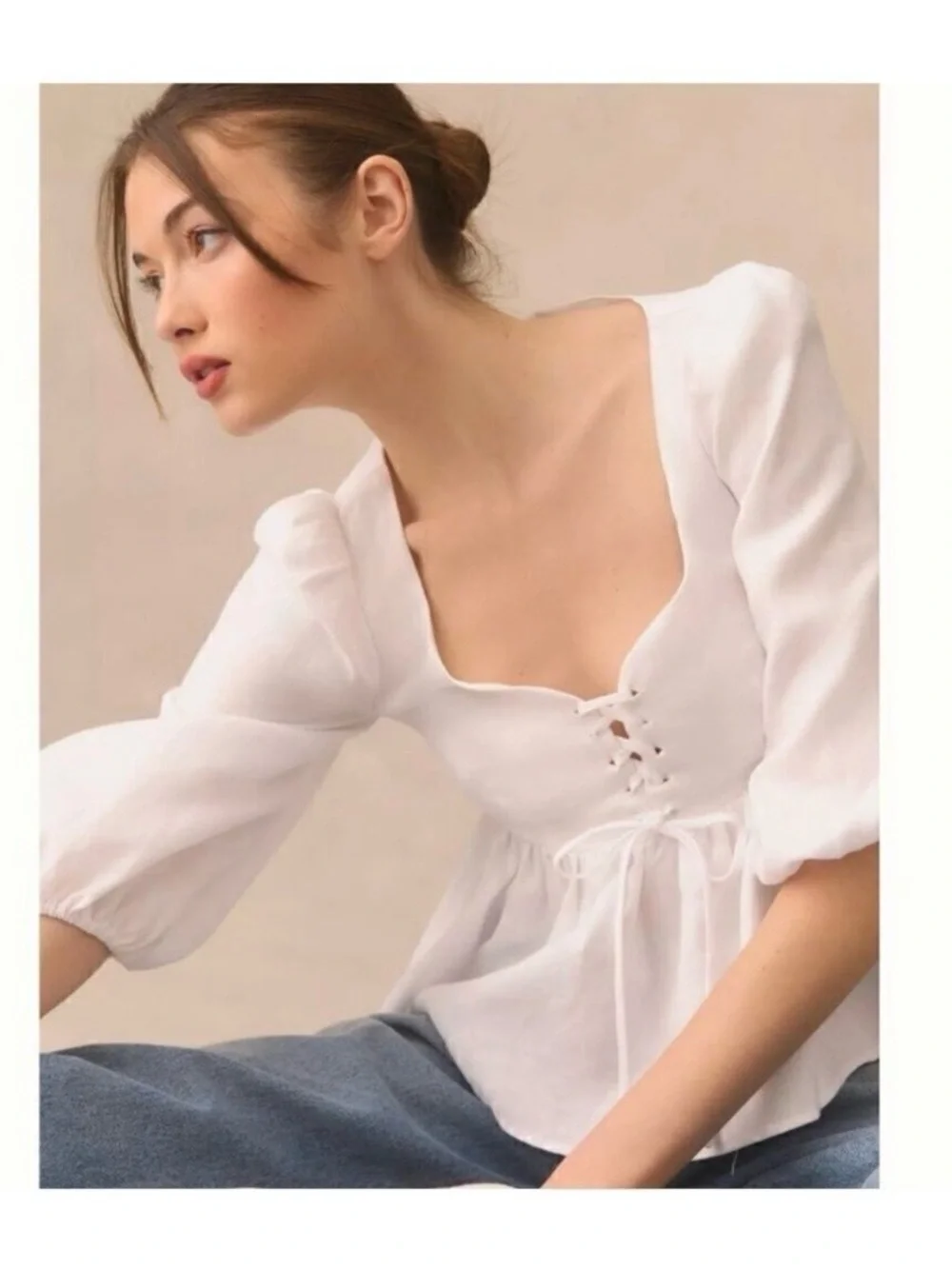 Reformation White Lace-Up Peplum Puff Sleeve Blouse